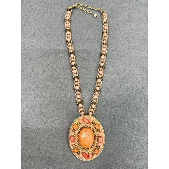 Vintage Chicos Statement Necklace Large Pink Peach Rhinestone Pendant Beaded - Picture 1 of 8